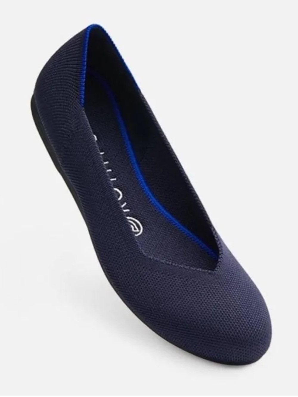 Rothy's Black Knit Pointed Flats with Blue Trim and Lime Insoles